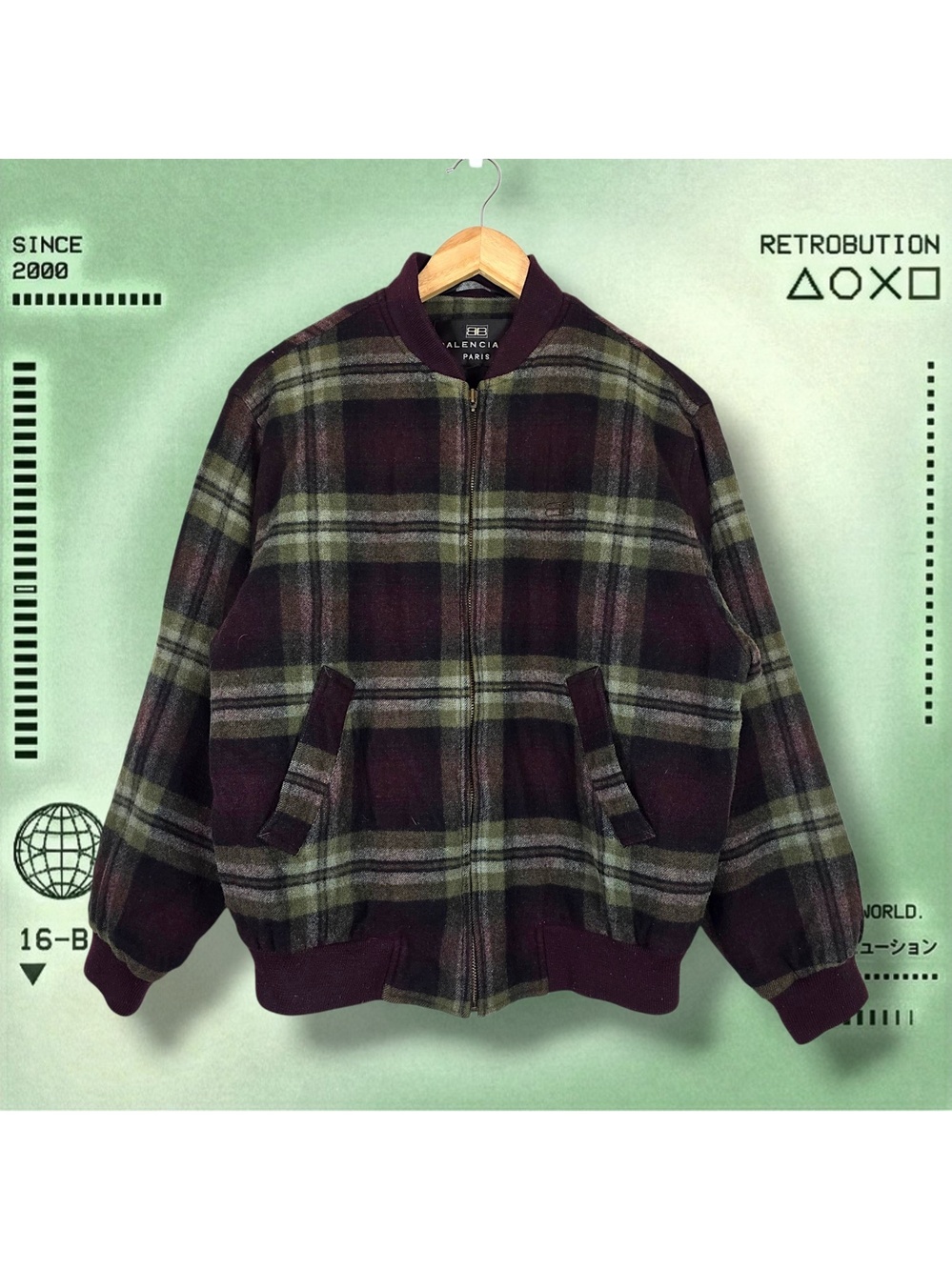 Vintage 90s Balenciaga Wool Plaid Bomber Jacket Red Green Size S